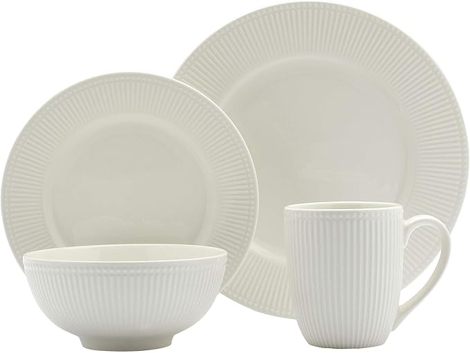 Tabletops Gallery Embossed Bone White Porcelain Round Dinnerware Collection- Chip Resistant Scratch Resistant Fleur 16 Piece Dinnerware Set (Dinner Plate Salad Plate Cereal Bowl Mug)
