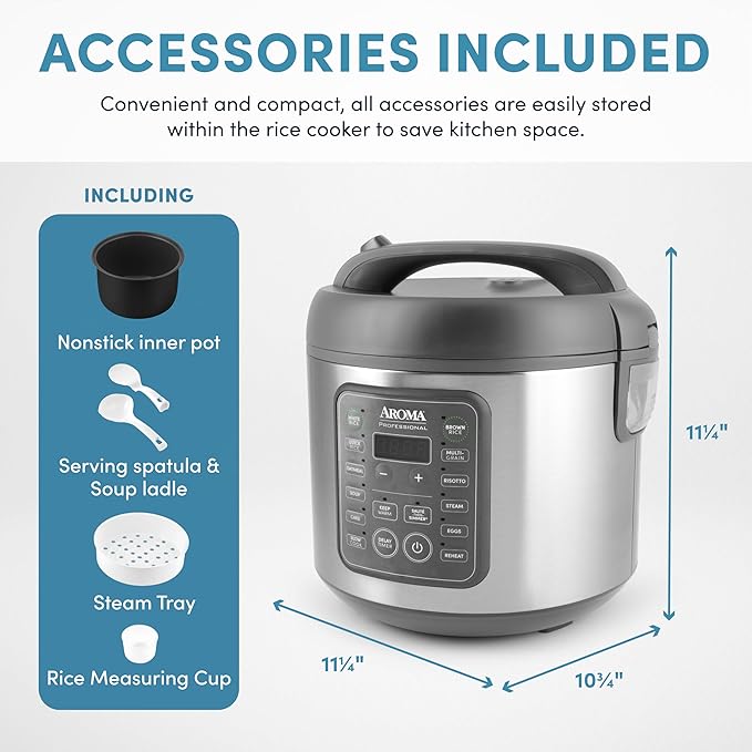 AROMA Professional Digital Rice Cooker 10-Cup (Uncooked) / 20-Cup (Cooked) Multicooker Slow Cooker Steamer Oatmeal Cooker Egg Cooker STS 5 Qt Gray ARC-5200SG