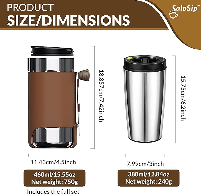 4-in-1 Portable Manual Pour Over Coffee Maker with Grinder – Travel &amp Camping Pour Over Set – All-in-One Portable Coffee Brewer Kit with Stainless Steel Kettle Thermal Mug &amp Dripper