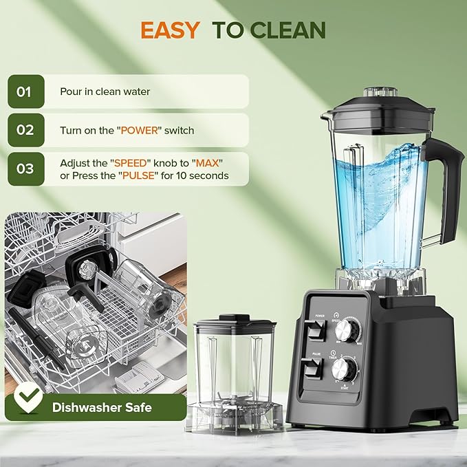 Blender 1800W Blender with Grinder - 6-Blade Professional Smoothie Blenders for Kitchen Crushes Ice Self-Cleaning 68oz &amp 20oz Jars Dishwasher Safe for Baby Food Nut Butter