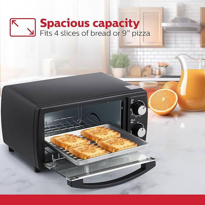 Holstein Housewares 4 Slice Countertop Toaster Oven with 60 Minute Timer Includes Pan and Wire Rack Perfect for Baking Broiling and Toasting Compact Design in Sleek Black for Convenient Kitchen Use