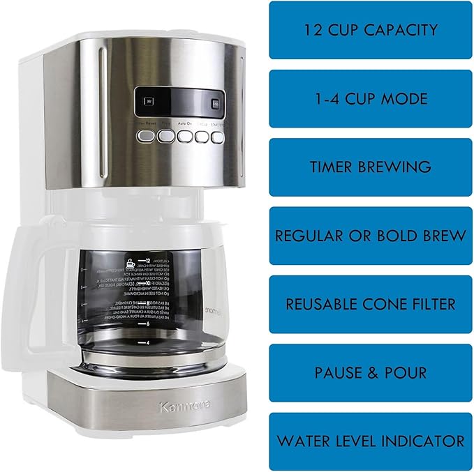 Kenmore Drip Coffee Maker - 12 Cup Programmable Cafe Machine With Glass Pot Regular &amp Bold Brew Auto Shut Off Large Water Reservoir Reusable Filter Kitchen Appliances For Cafeteria Barista Wh