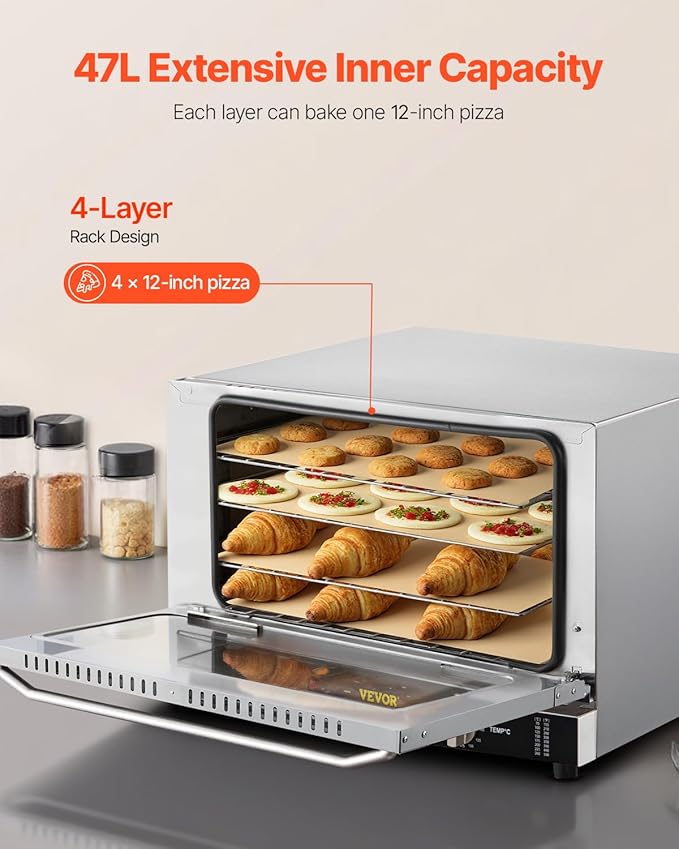 VEVOR Commercial Convection Oven 47L/43Qt Half-Size Conventional Oven Countertop 1600W 4-Tier Toaster w/Front Glass Door Electric Baking Oven w/Trays Wire Racks Clip Gloves 120V