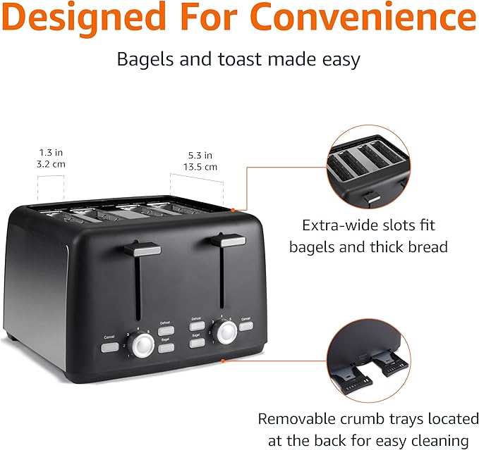 Amazon Basics 4 Slice Toaster 7 Browning Settings Extra Wide Slots for Bagels and Specialty Breads Removable Crumb Tray Cancel/Defrost/Bagel Buttons 1500W Black &amp Silver