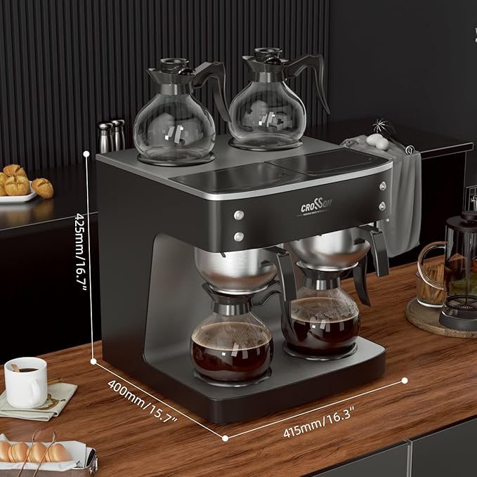 crosson 200 Cup/hour Commercial Drip Coffee Maker 7.2L Pour Over Coffee Brewer with 4 Glass Decanter&ampWarmers and Easy Clean Fingerprint Free Housing and 304 Stainless Steel Funnel