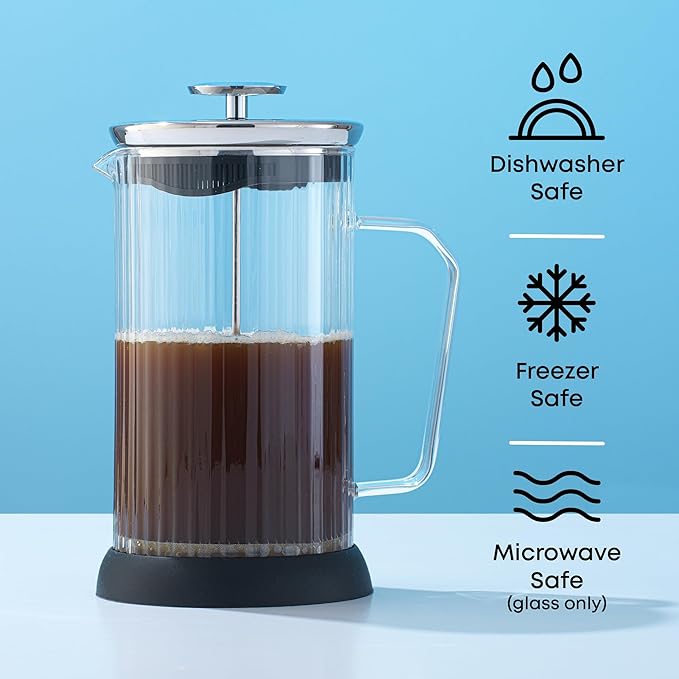 JoyJolt Fluted French Press Coffee and Tea Maker Set 33.8oz Stainless Steel Press Borosilicate Glass Coffee Press Cold Brew Portable French Press Tea Press Large clear