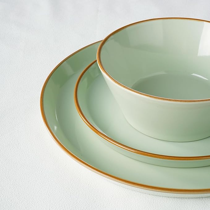 Famiware Saturn Dinnerware Sets Plates and Bowls Sets for 4 12 Pieces Stoneware Dish Set - Chip and Scratch Resistant Microwave and Dishwasher Safe Tableware Set Light Green with Rim