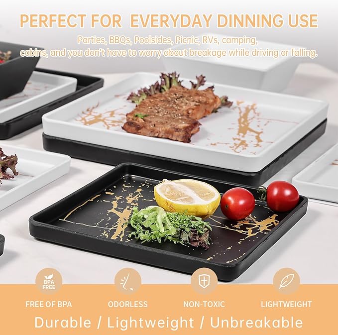 Square Melamine Dinnerware Sets of 12 PcsSquare Plates and Bowls SetsUnbreakable Dish Set for 4Lightweight Dishwasher Safe and BPA FreeSuit for RVCamping （Black and White）