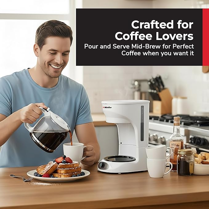 MUELLER HOME 12-Cup White Coffee Maker - Borosilicate Carafe Auto-Off Reusable Filter Anti-Drip Keep-Warm Function Clear Water Level Window White Kitchen Accessories