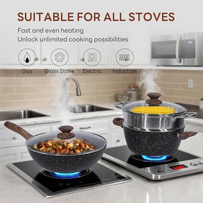Sweetcrispy 17 Pcs Nonstick Pots and Pans Induction Kitchen Cooking Set with Stay-Cool Handles Black