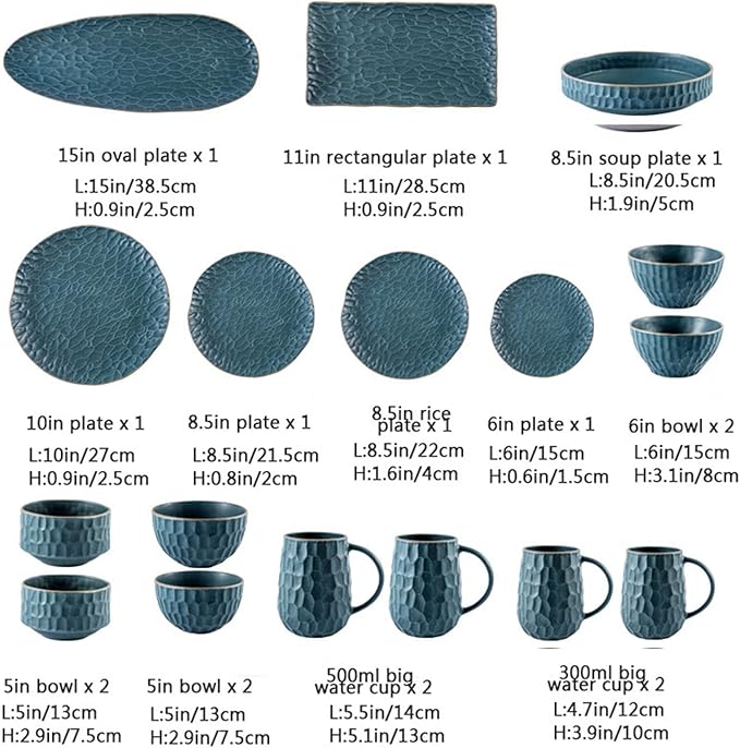 Ceramic Dinnerware Set 17 Pcs Matte Blue Porcelain Dinner Set Porcelain Bowls and Plates Sets Nordic Style Tableware Combination Set CER