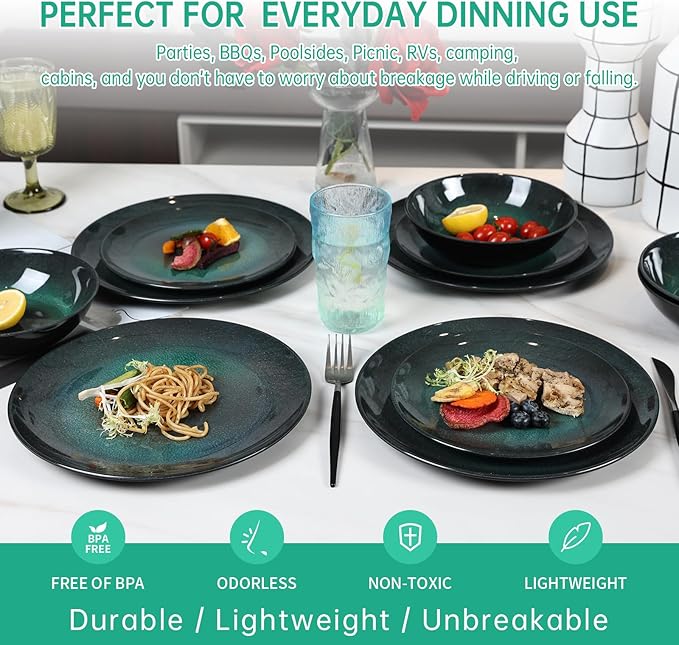 Melamine Dinnerware Set 12pcs Plates and Bowls Set Green Dinner Dishes Set for Indoor and Outdoor BPA-Free Dishwasher Safe（Green）