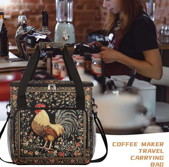 Rooster Embroidery Flowers Coffee Maker Carring Bag Travel Carrying Storage Tote Bag Compatible with Keurig K-Mini or K-Mini Plus Portable Single Serve Coffee Brewer Case with Pockets for K-cup Pods