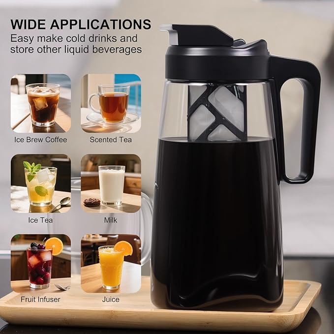 Sivaphe Large Ice Cold Coffee Maker 64 oz Dishwasher Safty Traitan Carafe Pitcher Leak Proof Iced Hot Coffee/Tea Brewer Method 2 Quart with Reusable Filter
