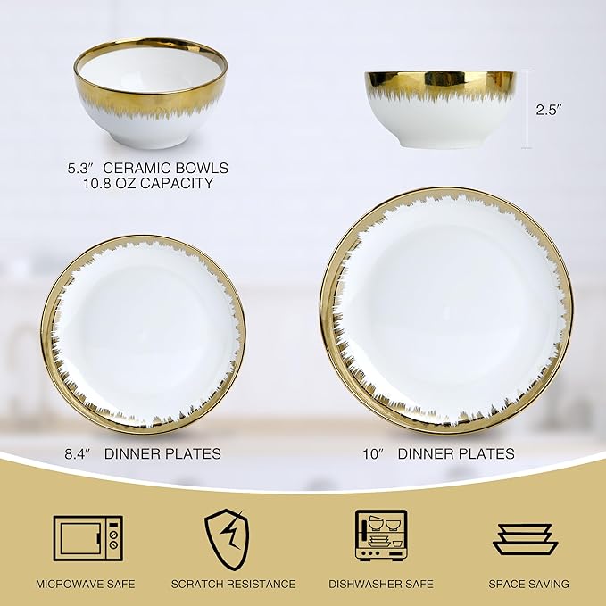 12 Pieces Plates and Bowls SetsPorcelain Round Dinner Plates Dishes Set with Gold Rim for 4 White bone china Plates and Bowls Dishwasher Safe and Scratch Resistant Luxury Tableware Set