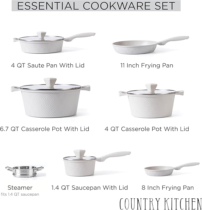Country Kitchen Non-Stick Cast Aluminum Cookware Set - Durable Kitchen Cookware for Everyday Cooking Cream Rhombus 11 Pc.
