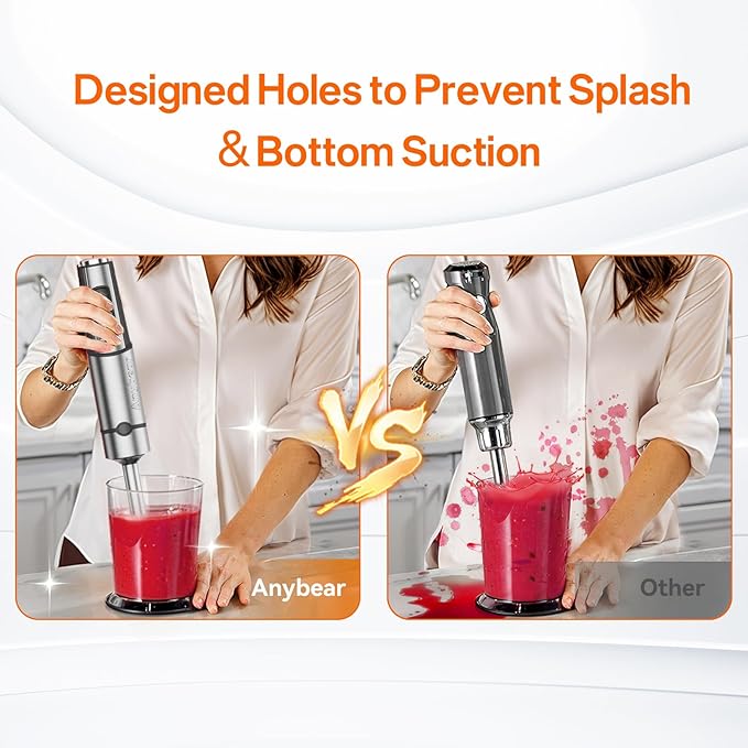Anybear Immersion Blender 1100W 2-in-1 Hand Held Blender with Full Copper Motor &amp Stainless Steel Body 15 Speed &amp Turbo Mode Hand Mixer Blade with Anti-scratch Coating (Gray)