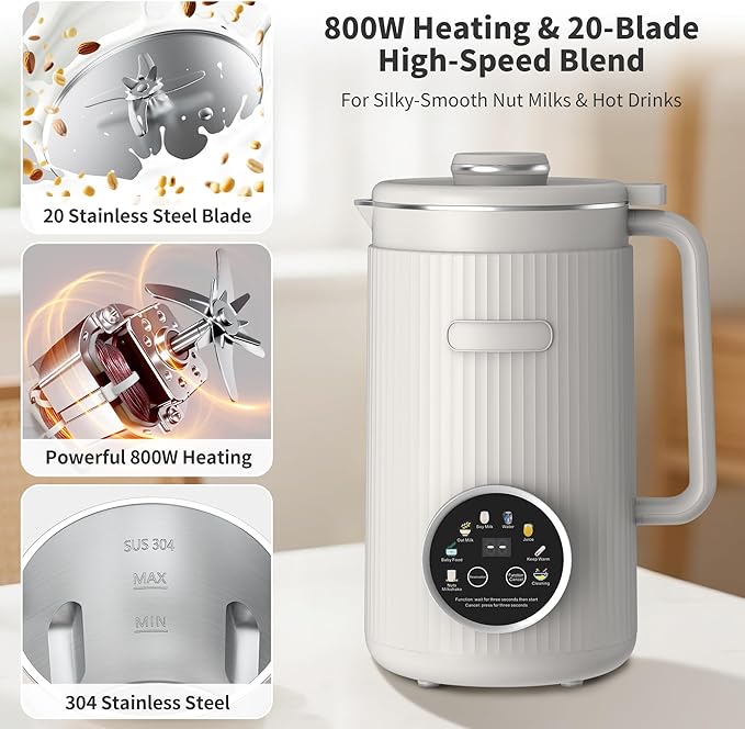35oz Nut Milk Maker Machine: 8-in-1 Soy Milk Maker with Auto Clean &amp 20-Blade - Multi-Function Nut Milk Machine with Self-Cleaning Auto Shutoff for Vegan Drink (White)