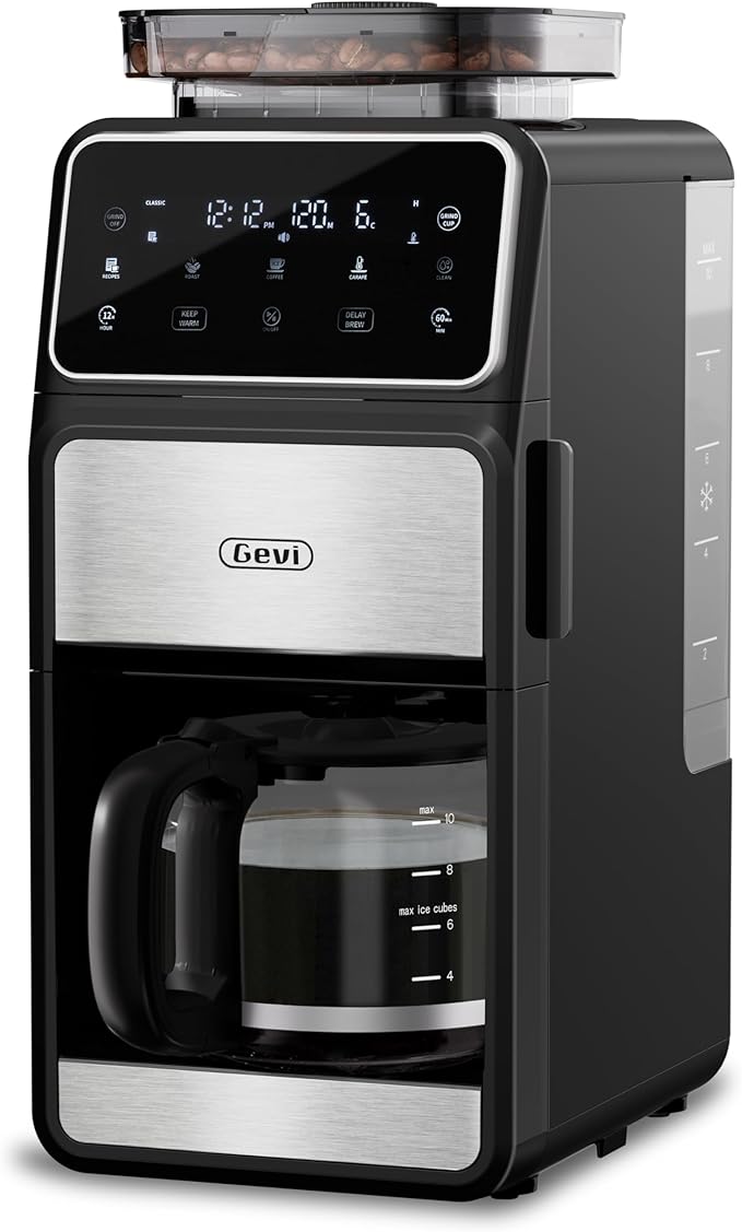 Gevi 10 Cup Drip Coffee Maker with Built-in Grinder Grind ＆ Brew Burr Combo Coffee Machine with Touch Screen Programmable 4-Hour Warm Plate Permanent Filter Coffee Carafe