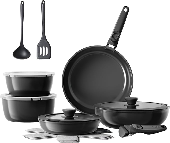 Redchef 16pcs Ceramic Pots and Pans Set Non Stick Nonstick Kitchen Cookware Set with Detachable Handle Non Toxic PFAS PFOA &amp PTFE Free RV Cookware Set for Camping Dishwasher/Oven Safe (Black)