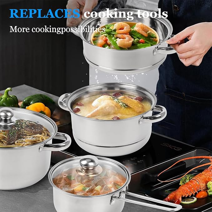 Pots and Pans Set Stainless Steel Cookware Set 7 Piece Induction Ready Kitchen Cooking Set Includes Saucepans Stockpot Steamer &amp Strainer Basket Glass Lids Dishwasher &amp Oven Safe 500F