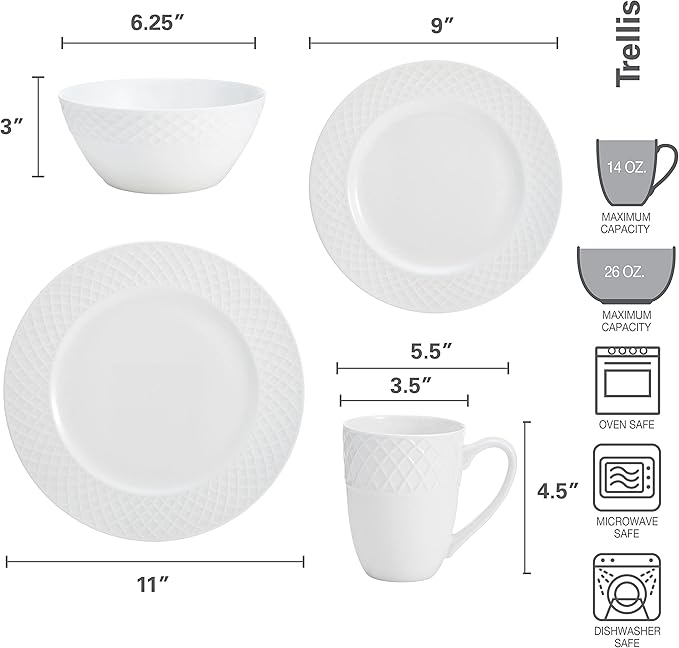 Mikasa Trellis Bone China 16-Piece Dinnerware Set Service for 4 White Lightweight Porcelain with Textured Design Chip-Resistant and Dishwasher Safe