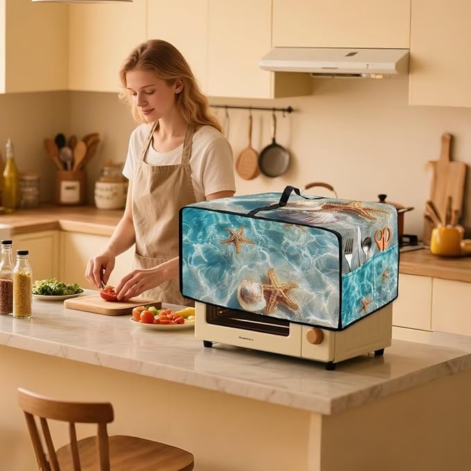 Beach Starfish Shell Printed Toaster Oven Air Fryer Cover Heavy Duty Bread Maker Machine Covers with Accessory Pockets Kitchen Small Appliance Cover S