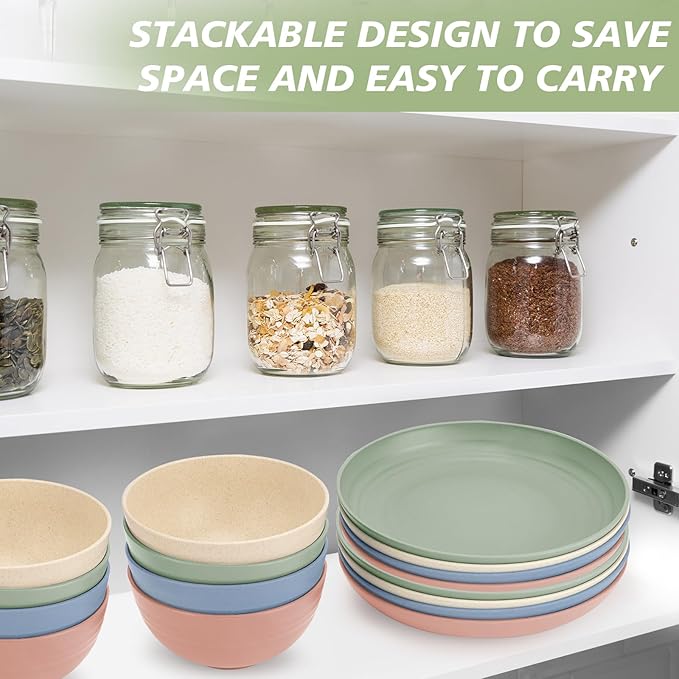 shopwithgreen Wheat Straw Dinnerware Sets for 8 40 PCS Unbreakable Plates and Bowls Sets Reusable Dinner Dishes Set Bowls CupsPlates for Camping Kitchen RV DormDishwasher Microwave Safe