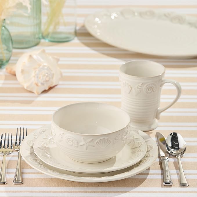 Coastline Cream 16-Piece Stoneware DINNERWARE SETSERVICE for 4 with embossed coastal shells and starfish detailing durable beach house tableware for relaxed coastal living and everyday dining