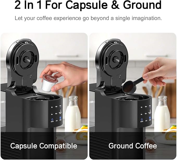 Kndko Single Serve Coffee Maker for Capsule and Ground Coffee 6 to 14oz Brew Sizes 40oz Removable Reservoir Fast Brew Compact Design Travel Mug Friendly Black