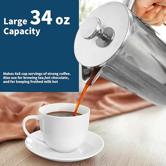 MERMOO YILAN French Press 34oz Insulated Stainless Steel Coffee Maker Unbreakable Coffee Press Easy to Clean for Home Camping Travel (Silver)