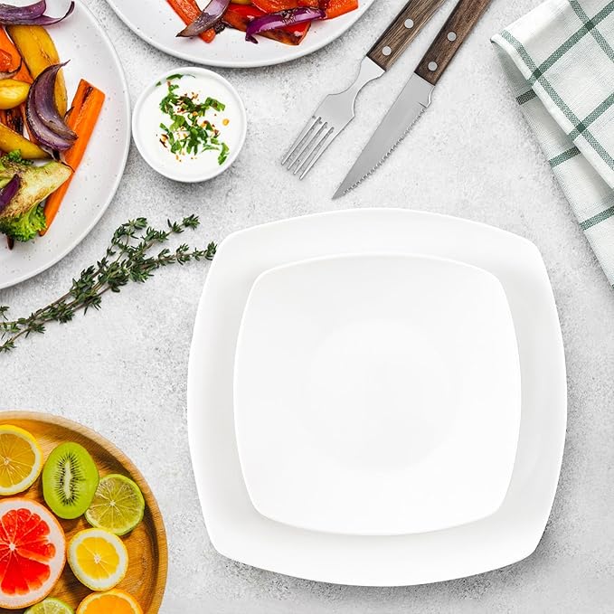 Zulay Kitchen Luna Plates and Bowls Sets 16 Piece Modern Porcelain Dish Set for 4 Chip and Scratch Resistant Square Dinnerware Set Microwave and Dishwasher Safe Pearl White