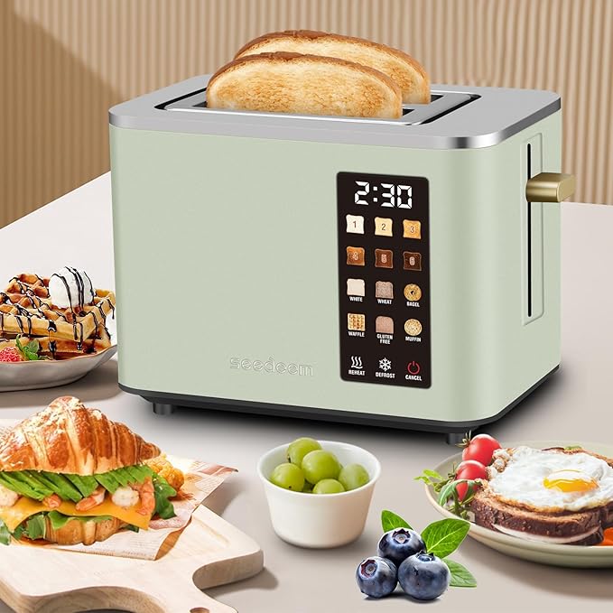 SEEDEEM Toaster 2 Slice Touch Control Screen Smart Stainless Toaster 6 Shade Setting 6 Bread Selection Countdown Removable Crumb Tray 900W Mint Green