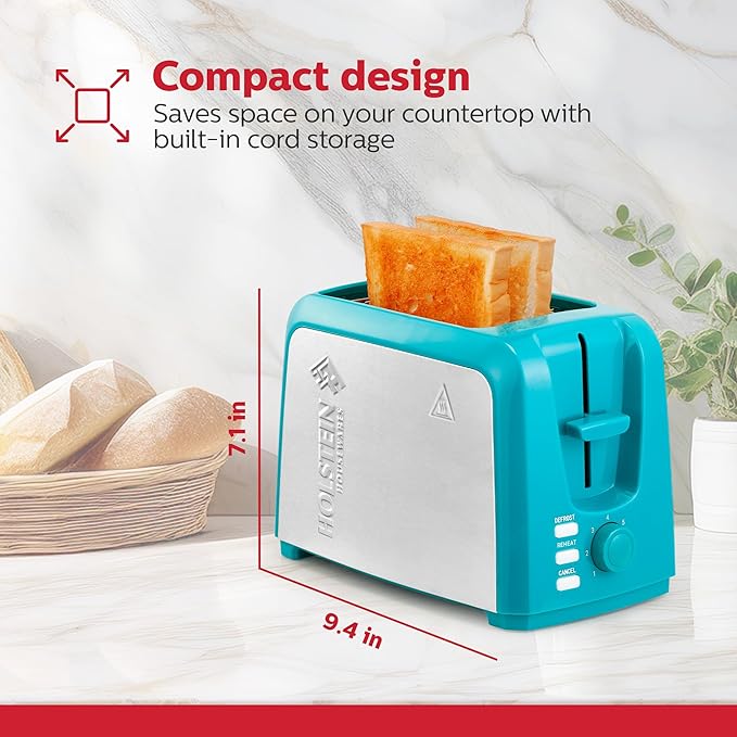 Holstein Housewares 2-Slice Toaster with 7 Browning Settings Extra-Wide Slots Reheat Defrost Cancel High-Lift Release Removable Crumb Tray – Compact Stainless Steel Teal