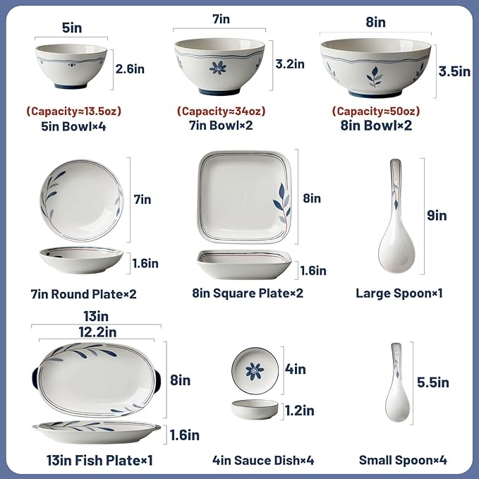 22 Pieces Dinnerware Sets Underglaze Color Process Plates and Bowls Sets Smooth and Easy to Clean Kitchenware Set Reusable Safe and Healthy Thick and Durability Ceramic Non-slip Bottom Service for 4