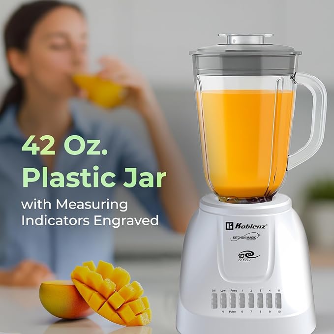 Koblenz 42 oz Plastic Jar Blender 10 Speed and 2 Pulses Countertop Blender with Stainless Steel Blades Perfect for Shakes and Smoothies 500-Watt Motor White LKM-5510 PB