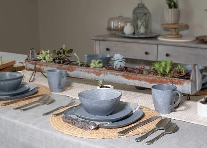 Elanze Designs 16-Piece Modern Luxury Chic Smooth Vintage Handmade Shape Matte Finish Ceramic Stoneware Square Plate Mug &amp Bowl Kitchen Dinnerware 16 Piece Set - Service for 4 Slate Grey