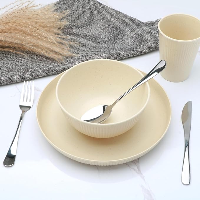 36pcs Reusable Wheat Straw Dinnerware SetsUnbreakable Dinnerware Cups Plates and Bowls SetsDurable Kitchenware Dishes Set for Home Office TravelPicnic