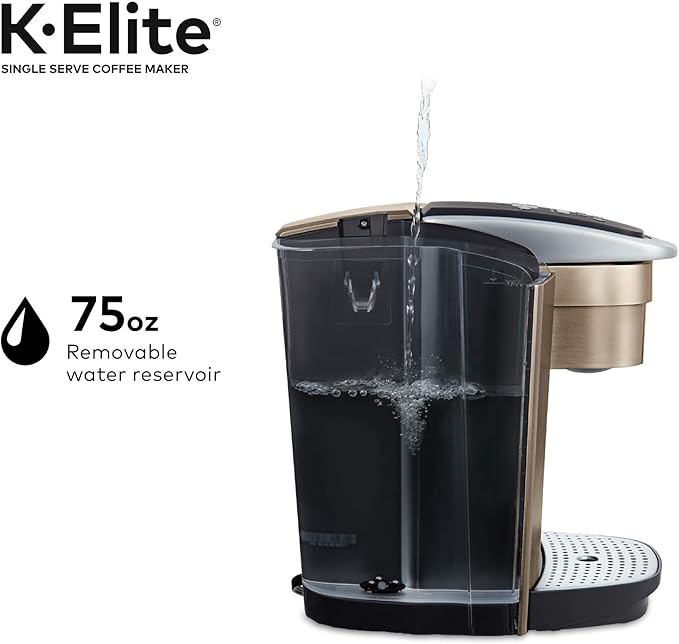 Keurig K-Elite Coffee Maker Single Serve K-Cup Pod Coffee Brewer Brushed Gold &amp 3-Month Brewer Maintenance Kit Includes Descaling Solution Water Filter Cartridges &amp Rinse Pods 7 Count