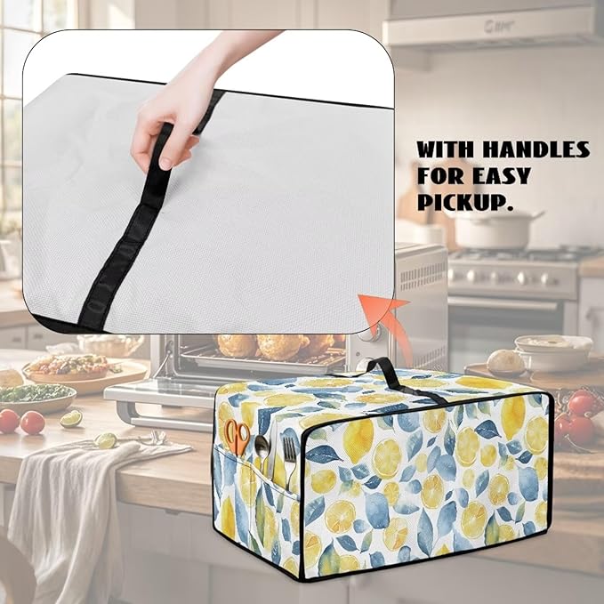 Dustproof Toaster Oven Cover Heat-Resistant Microwave Grill Cover Protector Faux Linen Polyester Dust Covers Case Protections for Toaster Oven Lemon Print