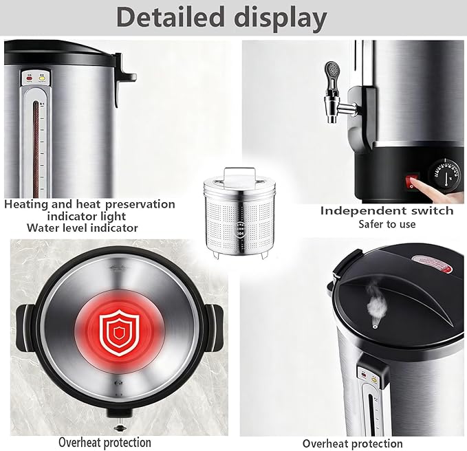 Commercial Grade Coffee Maker Hot Water Urn - Percolator with Double-Wall Stainless Steel Quick Brew Stays Hot for Tea &amp Beverage at Events &amp Catering 30L