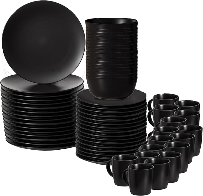 64-Pc Modern Dinnerware Set for 16 Including Mugs Bowls Salad and Dinner Plates Highly Chip Resistant Dishwasher Microwave and Oven Safe Black