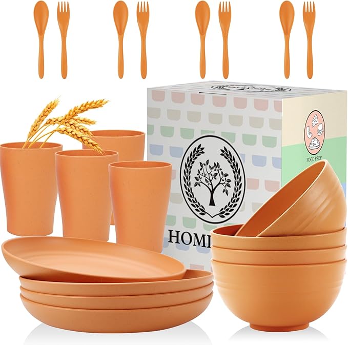 Homienly 52 PCS Premium Wheat Straw Dinnerware Sets Reusable Plates and Bowls Sets for Kitchen Lightweight and Unbreakable Dishwasher and Microwave Safe Dishes Set - Orange