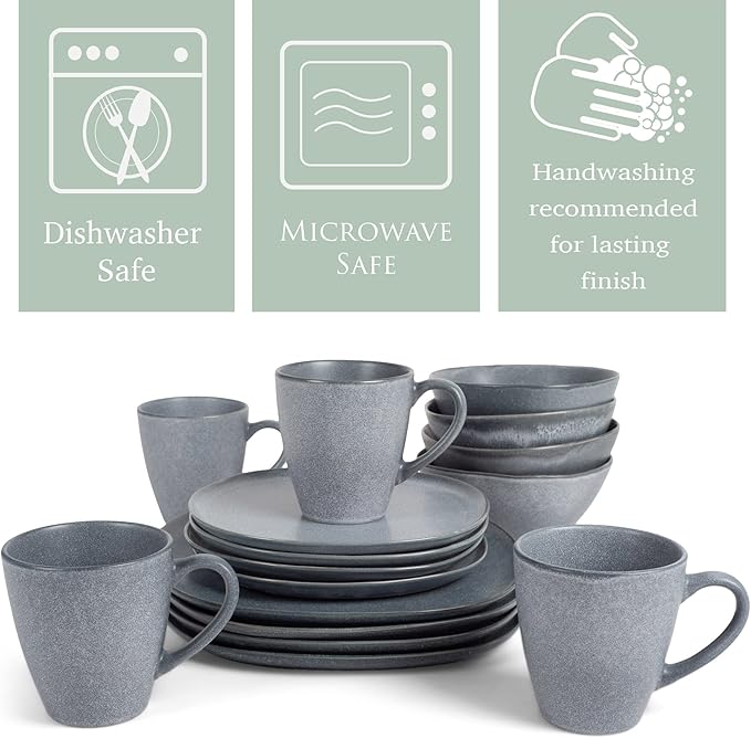 Elanze Designs 16-Piece Modern Luxury Chic Smooth Vintage Handmade Shape Matte Finish Ceramic Stoneware Square Plate Mug &amp Bowl Kitchen Dinnerware 16 Piece Set - Service for 4 Slate Grey