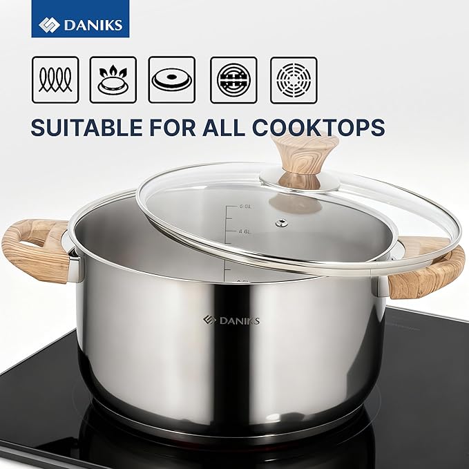 Daniks Oslo 6-Piece Stainless Steel Cookware Set with Glass Lids Tri-Ply Bases for Even Heating Induction Compatible Dishwasher Safe Bakelite Handles
