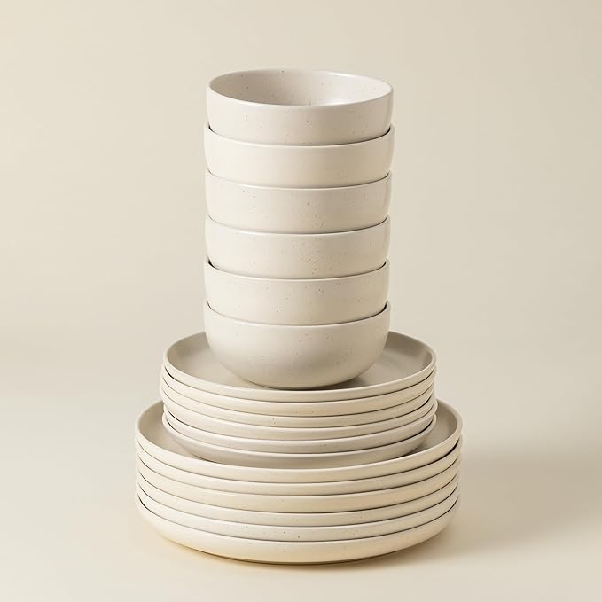 Casafina Ceramic Stoneware 18-Piece Place Setting Service for 6 with Cereal Bowls - Pacifica Collection Vanilla | Microwave &amp Dishwasher Safe Dinnerware Set | Food Safe Restaurant Quality Tablewa