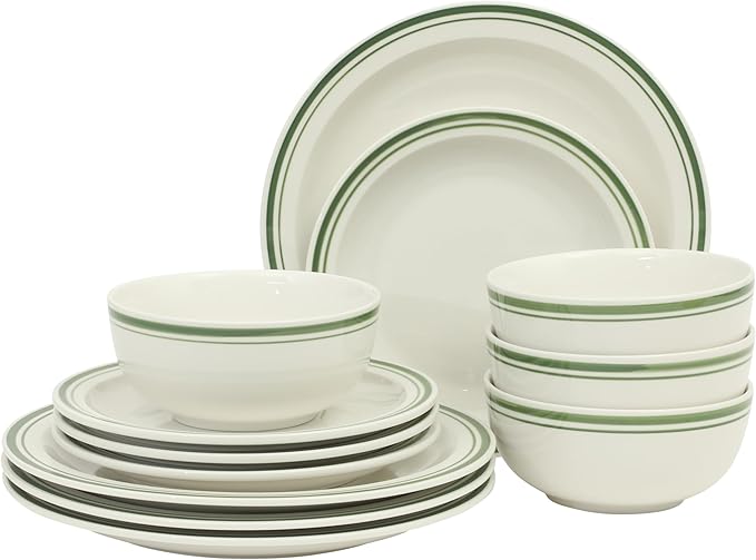 Gibson Home Hometown Diner 12-Piece Porcelain Dinnerware Set Round Plates and Bowls Set for 4 White with Green Rim Dishwasher Safe – Dinner Plate Salad Plate &amp Cereal Bowl
