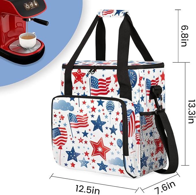4th of JulyWaving flags Coffee Maker Carrying Bag Travel Storage Bag Compatible with K-Mini or K-Mini Plus Single Serve Coffee Brewer Carrying Case with Multiple Pockets &amp Shoulder Strap