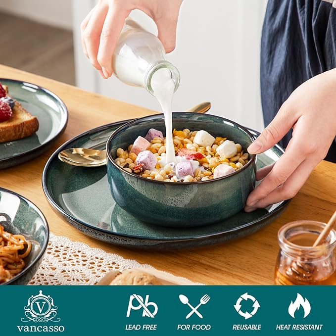 vancasso Starry Plates and Bowls Sets for 6 24 Pieces Dinnerware Sets Green Reactive Glaze Dishes Sets for Kitchen Scratch Resistant Stoneware Dishes Set Dishwasher and Microwave Safe