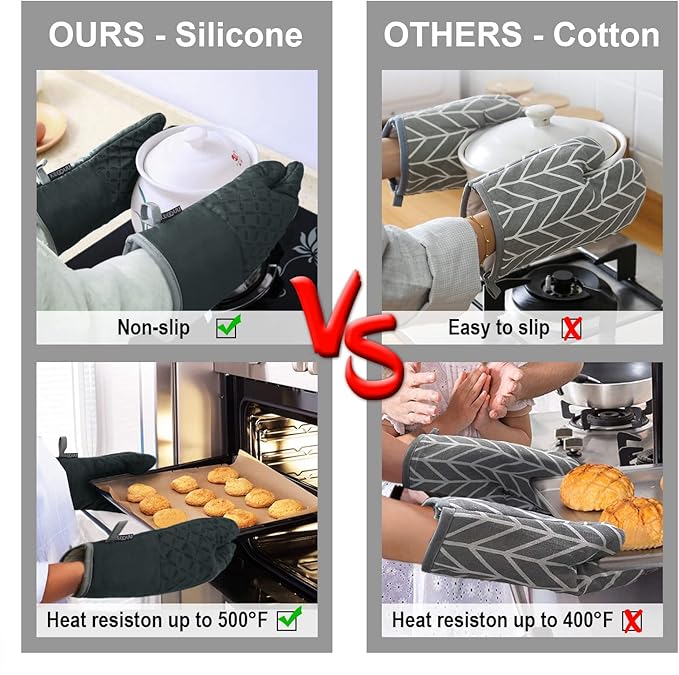 KEGOUU Oven Mitts and Pot Holders 6pcs Set Kitchen Oven Glove High Heat Resistant 500 Degree Extra Long Oven Mitts and Potholder with Non-Slip Silicone Surface for Cooking (Deep Green)